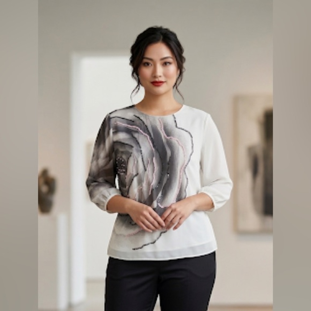 Size 14 woman’s Elegant Floral Women's Top - White and Gray